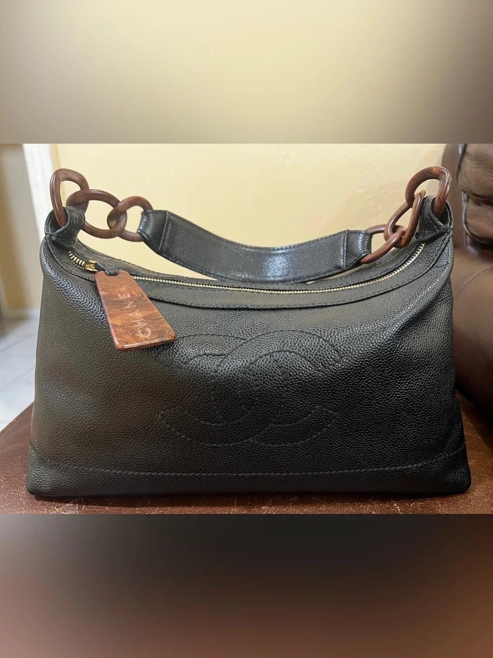 Chanel Vintage Caviar CC Wood Chain Hobo